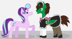Size: 6224x3440 | Tagged: safe, artist:funny-arts, starlight glimmer, oc, oc:frost d. tart, alicorn, pony, every little thing she does, g4, alicorn oc, clothes, crossdressing, fiducia compellia, hypnosis, hypnotized, magic, maid, request