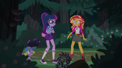 Size: 853x480 | Tagged: safe, screencap, sci-twi, spike, spike the regular dog, sunset shimmer, twilight sparkle, dog, equestria girls, g4, my little pony equestria girls: legend of everfree, animated, clothes, converse, gif, shoes, sneakers