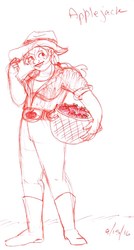 Size: 573x1068 | Tagged: safe, artist:brensey, applejack, human, g4, apple, basket, female, food, humanized, monochrome, pen sketch, solo