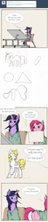 Size: 873x3990 | Tagged: safe, artist:dreamingnoctis, pinkie pie, surprise, twilight sparkle, ask asylum twilight, g4, ask, comic, drawing, horn, horn cap, magic suppression, missing cutie mark, mouth hold, pinkamena diane pie, tumblr