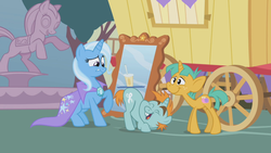 Size: 1280x720 | Tagged: safe, screencap, snails, snips, trixie, pony, unicorn, boast busters, g4, colt, cup, disgusted, male, oat smoothie, raised eyebrow, smoothie, straw, trixie's fans