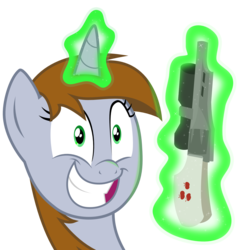 Size: 1500x1507 | Tagged: safe, artist:brisineo, edit, oc, oc only, oc:littlepip, pony, unicorn, fallout equestria, clothes, crazy face, faic, fanfic, fanfic art, female, glowing horn, gun, handgun, horn, imminent death, little macintosh, magic, mare, revolver, simple background, smiling, solo, telekinesis, this will end in death, transparent background, vector, weapon