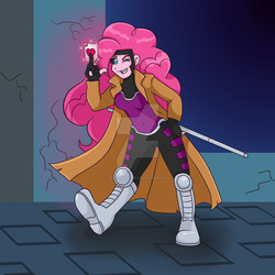 Size: 1024x1024 | Tagged: safe, artist:yoshimarsart, pinkie pie, human, equestria girls, g4, beautiful, black sclera, blue eyes, card, clothes, crossover, female, fingerless gloves, gambit, gloves, one eye closed, solo, watermark, wink, winking at you, x-men
