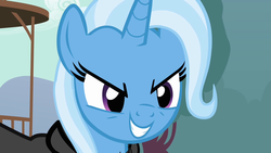 Size: 1280x720 | Tagged: safe, screencap, trixie, pony, unicorn, g4, magic duel, season 3, female, grin, horn, mare, outdoors, smiling, solo