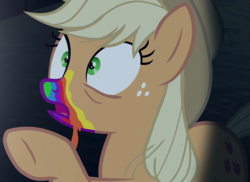 Size: 1480x1080 | Tagged: safe, screencap, applejack, pony, zombie, 28 pranks later, g4, cookie zombie, female, mare, outfit catalog, rainbow muzzle, solo