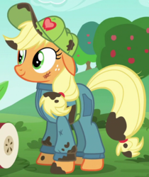 Size: 624x742 | Tagged: safe, screencap, applejack, earth pony, pony, g4, the cart before the ponies, coveralls, female, mare, outfit catalog, solo