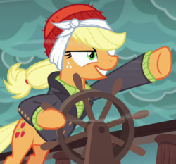 Size: 648x604 | Tagged: safe, screencap, applejack, earth pony, pony, g4, ppov, applejack is best facemaker, captain jackbeard, female, mare, outfit catalog, pirate, solo