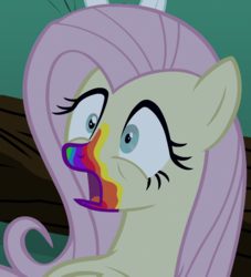 Size: 948x1042 | Tagged: safe, screencap, fluttershy, pony, zombie, 28 pranks later, g4, betrayal, cookie zombie, female, hypocrisy, lies, mare, outfit catalog, rainbow muzzle, solo
