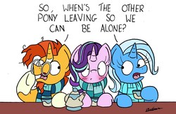 Size: 1973x1290 | Tagged: safe, artist:bobthedalek, starlight glimmer, sunburst, trixie, pony, unicorn, g4, bisexual, blushing, clothes, cup, dialogue, female, frown, hoof hold, lesbian, love triangle, male, mare, open mouth, polyamory, scarf, ship:starburst, ship:startrix, ship:startrixburst, shipping, simple background, straight, table, teacup, teapot, trio, underhoof, white background, wide eyes