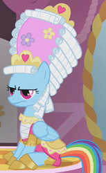 Size: 293x478 | Tagged: safe, screencap, rainbow dash, pegasus, pony, g4, swarm of the century, carousel boutique, dashie antoinette, female, giant hat, hat, jewelry, mare, marie antoinette, outfit catalog, powdered wig, sitting, solo, tiara, unamused, wig