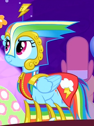 Size: 228x305 | Tagged: safe, screencap, rainbow dash, pegasus, pony, g4, suited for success, clothes, cropped, dress, female, gala dress, helmet, mare, outfit catalog, rainbow dash always dresses in style, solo, zipper