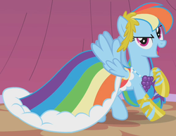 Size: 570x440 | Tagged: safe, screencap, rainbow dash, pegasus, pony, g4, season 1, suited for success, clothes, cropped, dress, female, flying, gala dress, mare, model, modeling, outfit catalog, rainbow dash always dresses in style, solo
