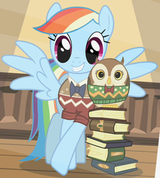 Size: 562x628 | Tagged: safe, screencap, rainbow dash, owl, pegasus, pony, g4, may the best pet win, book, bowtie, clothes, cropped, cute, dashabetes, female, mare, outfit catalog, rainbow dash always dresses in style, sweater