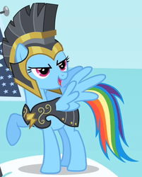 Size: 427x532 | Tagged: safe, screencap, commander hurricane, rainbow dash, pony, g4, hearth's warming eve (episode), clothes, costume, female, flying, mare, outfit catalog, solo