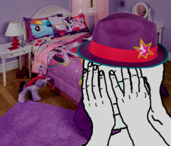 Size: 744x635 | Tagged: safe, flash sentry, pinkie pie, rainbow dash, twilight sparkle, alicorn, pony, g4, bed, bedroom, big bad brad, brad, crying, dark, exploitable meme, fedora, feels, feels guy, hasbro, hat, irl, lamp, meme, mirror, photo, pillow, plushie, sad, trilby, twilight sparkle (alicorn), waifu, waifu thief, wojak