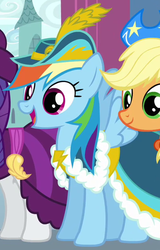 Size: 400x625 | Tagged: safe, screencap, applejack, rainbow dash, rarity, pony, g4, magical mystery cure, clothes, coronation dress, dress, female, mare, open mouth, outfit catalog