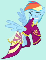 Size: 400x524 | Tagged: safe, screencap, rainbow dash, pegasus, pony, g4, inspiration manifestation, biting, clothes, cropped, dress, eyes closed, female, flying, mare, outfit catalog, rainbow dash always dresses in style, solo