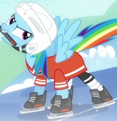 Size: 417x431 | Tagged: safe, screencap, rainbow dash, pegasus, pony, g4, tanks for the memories, cropped, female, helmet, hockey, hockey helmet, hockey stick, ice hockey, ice skates, mare, outfit catalog, solo