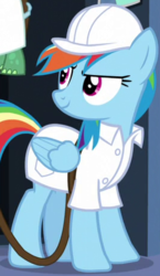 Size: 266x460 | Tagged: safe, screencap, rainbow dash, tank, pegasus, pony, g4, tanks for the memories, clothes, cropped, female, looking back, mare, outfit catalog, solo focus, weather factory, weather factory uniform