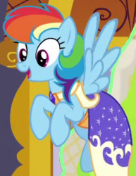 Size: 211x274 | Tagged: safe, screencap, rainbow dash, pony, g4, make new friends but keep discord, clothes, cropped, dress, female, flying, gala dress, mare, outfit catalog, rainbow dash always dresses in style, solo