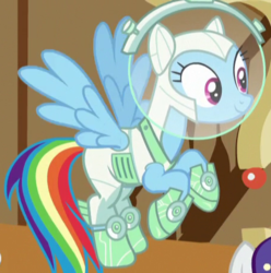 Size: 451x454 | Tagged: safe, screencap, rainbow dash, rarity, pony, g4, scare master, astrodash, astronaut, clothes, costume, outfit catalog