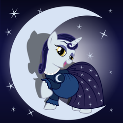 Size: 3000x3000 | Tagged: safe, artist:mintydrop2013, moonlight raven, pony, unicorn, g4, bedroom eyes, belly, belly button, clothes, dress, female, high res, looking at you, mare, moon, open mouth, outie belly button, pregnant, raised hoof, smiling, solo