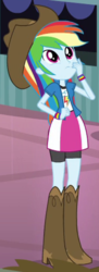 Size: 186x510 | Tagged: safe, screencap, rainbow dash, equestria girls, g4, my little pony equestria girls: rainbow rocks, shake your tail, boots, clothes, cowboy boots, cowboy hat, cowgirl, cowgirl outfit, female, frown, hand on cheek, hat, high heel boots, jacket, looking up, outfit catalog, shirt, shoes, skirt, solo, vest