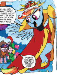 Size: 862x1133 | Tagged: safe, idw, official comic, pinkie pie, queen trottingham, rainbow dash, twilight sparkle, friendship is magic #15, g4, spoiler:comic, balaclava, clothes, costume, female, mare, marey man, outfit catalog, pinkie hoof