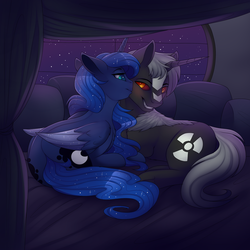 Size: 2000x2000 | Tagged: dead source, safe, artist:evehly, princess luna, oc, oc:godzilla pony, kaiju pony, g4, bed, bedroom eyes, black sclera, canon x oc, cuddling, cute, eye contact, godzilla, godzilla (series), godzilla junior, grin, high res, kissing, lunazilla, missing accessory, ponified, prone, shipping, smiling, snuggling, window