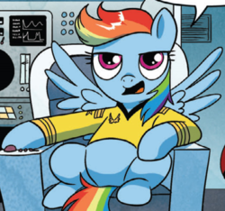 Size: 628x587 | Tagged: safe, idw, rainbow dash, pony, g4, spoiler:comic, clothes, female, james t kirk, mare, outfit catalog, solo, spaceship, star trek