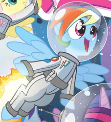 Size: 865x953 | Tagged: safe, idw, fluttershy, rainbow dash, twilight sparkle, g4, spoiler:comic, astronaut, clothes, costume, jetpack, outfit catalog