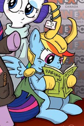 Size: 199x297 | Tagged: safe, artist:katie cook, idw, rainbow dash, rarity, twilight sparkle, g4, spoiler:comic, clothes, cosplay, costume, exploitable meme, female, loki, mare, marvel, marvel comics, meme, outfit catalog, princess leia, reading, reading rainbow, star wars