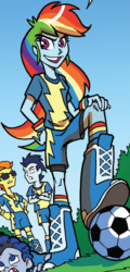 Size: 526x1100 | Tagged: safe, idw, rainbow dash, soarin', spitfire, equestria girls, g4, spoiler:comic, spoiler:comicannual2013, clothes, cropped, football, hand on hip, hand on knee, outfit catalog, solo focus, sports, uniform, wondercolts