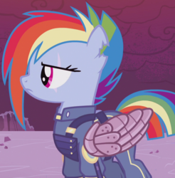 Size: 940x956 | Tagged: safe, screencap, rainbow dash, pony, g4, the cutie re-mark, alternate timeline, amputee, apocalypse dash, artificial wings, augmented, crystal war timeline, female, mare, outfit catalog, prosthetic limb, prosthetic wing, prosthetics, scar, solo, torn ear, wings