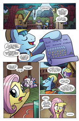 Size: 994x1528 | Tagged: safe, artist:agnesgarbowska, idw, official comic, angel bunny, fluttershy, bird, earth pony, pony, rabbit, squirrel, g4, spoiler:comic, spoiler:comic47, animal, blueprint, comic, female, fluttershy's cottage, male, mare, preview, speech bubble, stallion, whimpering
