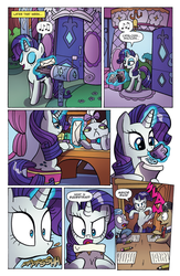 Size: 994x1528 | Tagged: safe, artist:agnes garbowska, idw, official comic, filthy rich, rarity, cat, earth pony, pony, unicorn, g4, spoiler:comic, spoiler:comic47, angry, carousel boutique, comic, cropped, female, glasses, male, mare, preview, speech bubble, stallion