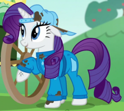 Size: 580x520 | Tagged: safe, screencap, rarity, pony, g4, the cart before the ponies, coveralls, female, mare, outfit catalog, solo