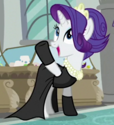 Size: 270x296 | Tagged: safe, screencap, rarity, pony, unicorn, g4, season 6, the gift of the maud pie, audrey hepburn, breakfast at tiffany's, clothes, cute, dress, female, gloves, holly golightly, mare, open mouth, outfit catalog, raised hoof, raribetes, smiling, socks, solo