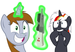 Size: 1441x1000 | Tagged: safe, artist:brisineo, oc, oc only, oc:littlepip, oc:velvet remedy, pony, unicorn, fallout equestria, g4, top bolt, crazy face, delet this, duo, faic, fanfic, fanfic art, female, glowing horn, grin, gun, handgun, hoof biting, horn, imminent death, little macintosh, magic, mare, meme, revolver, simple background, smiling, telekinesis, this will end in death, transparent background, vector, weapon, worried