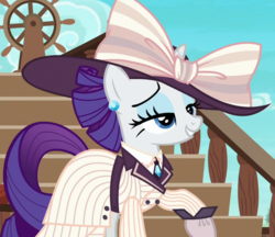 Size: 835x720 | Tagged: safe, screencap, rarity, pony, unicorn, g4, ppov, bow, clothes, costume, cropped, dress, female, hat, mare, outfit catalog, raised hoof, raristocrat, rose dewitt bukater, solo, titanic