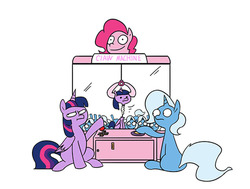 Size: 700x530 | Tagged: safe, artist:hairyfood, pinkie pie, trixie, twilight sparkle, alicorn, pony, unicorn, g4, arcade game, claw machine, egophiliac-ish, eyes on the prize, female, inconvenient trixie, mare, plushie, ripped, simple background, style emulation, twilight sparkle (alicorn), white background, woonoggles