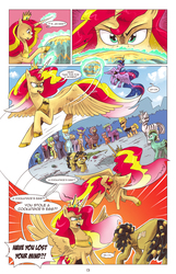 Size: 1253x1950 | Tagged: safe, artist:saturdaymorningproj, sunset shimmer, twilight sparkle, oc, alicorn, earth pony, griffon, pegasus, pony, zebra, comic:a princess' worth, g4, alicornified, angry, comic, egg, johnny bravo, ponified, race swap, shimmercorn, twilight sparkle (alicorn)