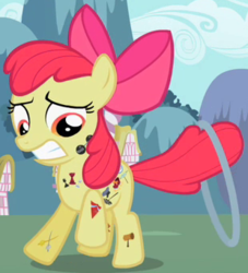 Size: 310x341 | Tagged: safe, screencap, apple bloom, earth pony, pony, g4, the cutie pox, cropped, cutie pox, female, filly, loop-de-hoop, outfit catalog, solo