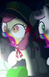 Size: 578x914 | Tagged: safe, screencap, apple bloom, scootaloo, sweetie belle, earth pony, pony, unicorn, zombie, 28 pranks later, g4, cookie zombie, cropped, cutie mark, cutie mark crusaders, derp, filly guides, outfit catalog, rainbow muzzle, the cmc's cutie marks