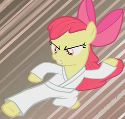 Size: 599x568 | Tagged: safe, screencap, apple bloom, pony, call of the cutie, g4, clothes, female, gi, karate, kick, martial arts, outfit catalog, pants, robe, solo, white belt