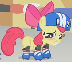 Size: 298x258 | Tagged: safe, screencap, apple bloom, earth pony, pony, call of the cutie, g4, season 1, adorabloom, apple bloom's bow, blushing, bow, cute, female, filly, foal, hair bow, helmet, outfit catalog, roller derby, roller skates, solo