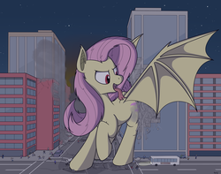 Size: 2932x2306 | Tagged: safe, artist:rapidstrike, part of a set, fluttershy, bat pony, human, pony, series:giant flutterbat, g4, bus, butt bump, city, destruction, flutterbat, giant pony, high res, kitchen eyes, loss (meme), macro, night, open mouth, part of a series, people, red eyes, solo focus, stars, tongue out, vehicle