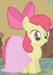 Size: 270x379 | Tagged: safe, screencap, apple bloom, earth pony, pony, call of the cutie, g4, adorabloom, bow, clothes, cute, dress, female, filly, hair bow, outfit catalog, smiling, solo