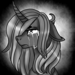 Size: 1024x1024 | Tagged: safe, artist:brainiac, oc, oc only, oc:rose sniffer, pony, unicorn, black and white, bust, crying, female, floppy ears, frown, grayscale, mare, monochrome, portrait, solo