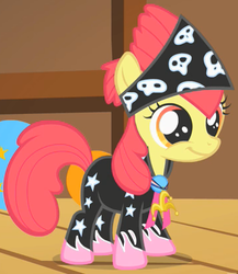 Size: 360x414 | Tagged: safe, screencap, apple bloom, pony, g4, the show stoppers, bandana, clothes, cropped, female, outfit catalog, show stopper outfits, solo